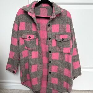 Pink and Gray Plaid Button-Up Jacket